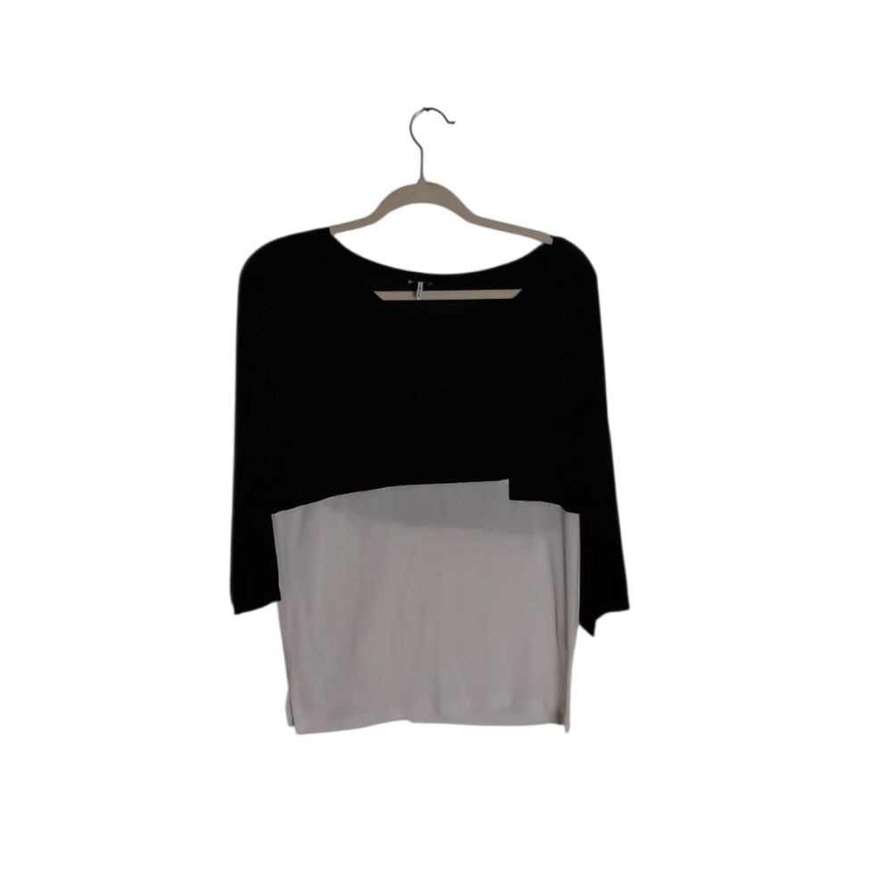 Splendid Women's L  Colorblock Cream Black 3/4 Sleeve Pocket Stretchy Top